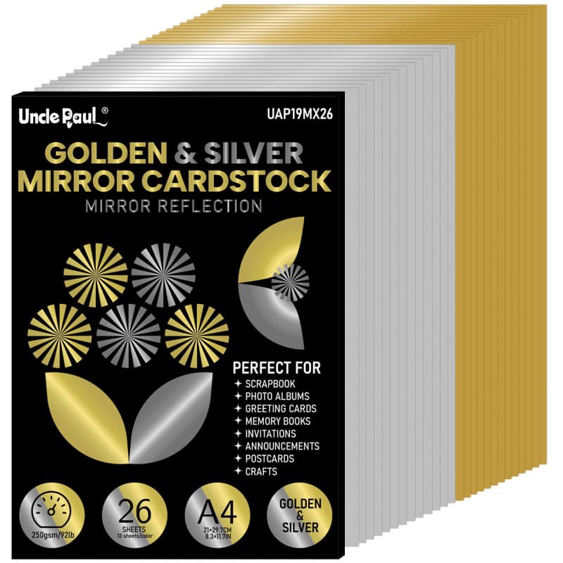 Papier cartonné miroir doré et argenté A4 – 26 feuilles (13 dorées + 13 argentées), 250 g/m², métallisé, réfléchissant, pour déc