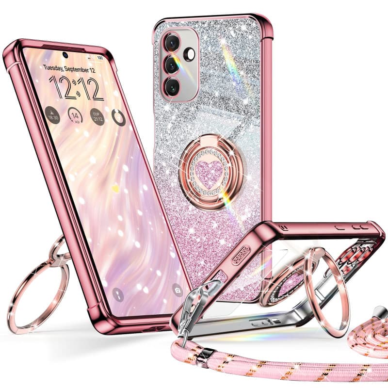 XYZ Coque pour Samsung Galaxy A54 5G Con Cordon, Mignonne et Luxueuse, Double Anneau Motif Cœur d'amour pour Femmes et Filles, P