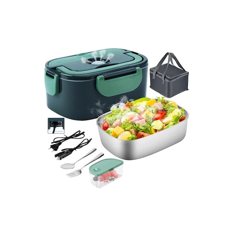 Gentre Lunch Box Chauffante Électrique 4 en 1 12V/24V/220V~240V, 1.5L 60W Acier Inox Chauffage Rapide Gamelle, Boîte Repas Amovi