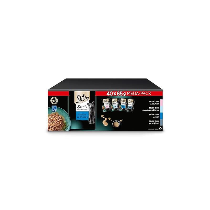 Sheba Sauce Collection Sachets fraîcheur Nourriture Humide Sélection aux Poissons pour Chat Adulte 4 variétés 40x85g