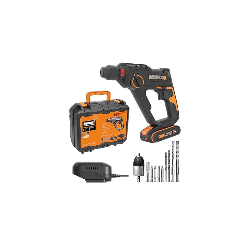 WORX Marteau perforateur sans fil 20V 1,2J WX391, perçage rapide dans le béton, 3 fonctions en 1, Livré avec 10 forets pour béto