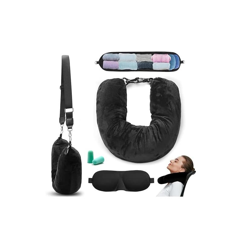 xolear Oreiller de Voyage a Remplir de Vetement, Tour de Cou Avion Portez Un Masque pour Les Yeux et des Bouchons d'oreilles, Co