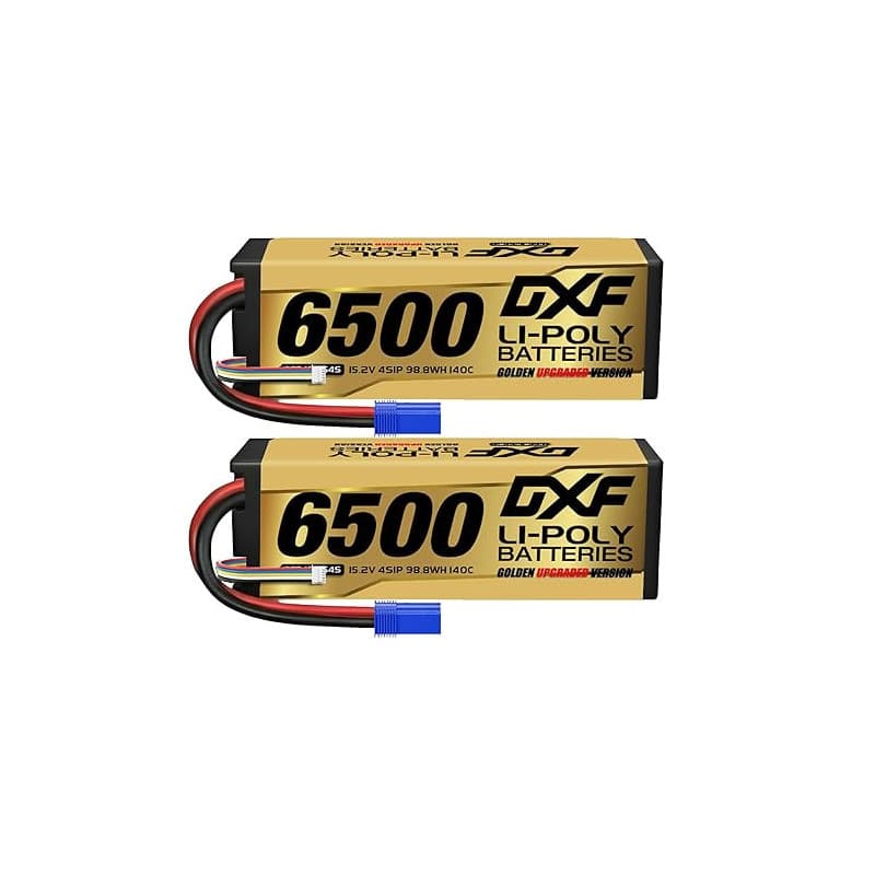 DXF Batterie LiPo 4S 6500mAh 15.2V 140C EC5 - Lot de 2 Packs RC Haute Performance pour Voiture 1/8 1/10 Buggy Truggy Monster Tru