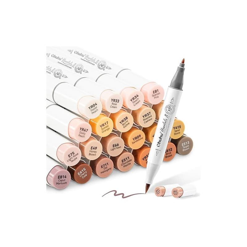 Ohuhu 24 marqueurs à alcool pour les couleurs de peau, pinceau et ciseau marqueur artistique pour croquis marqueurs à base d'alc