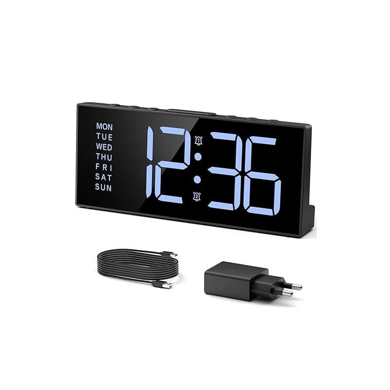 LATEC Réveil pour Dormir Profond, Réveil Numérique de Chevet avec Écran LCD 7’’, 9 Mins de Sonnerie, Double Alarme, Luminosité R