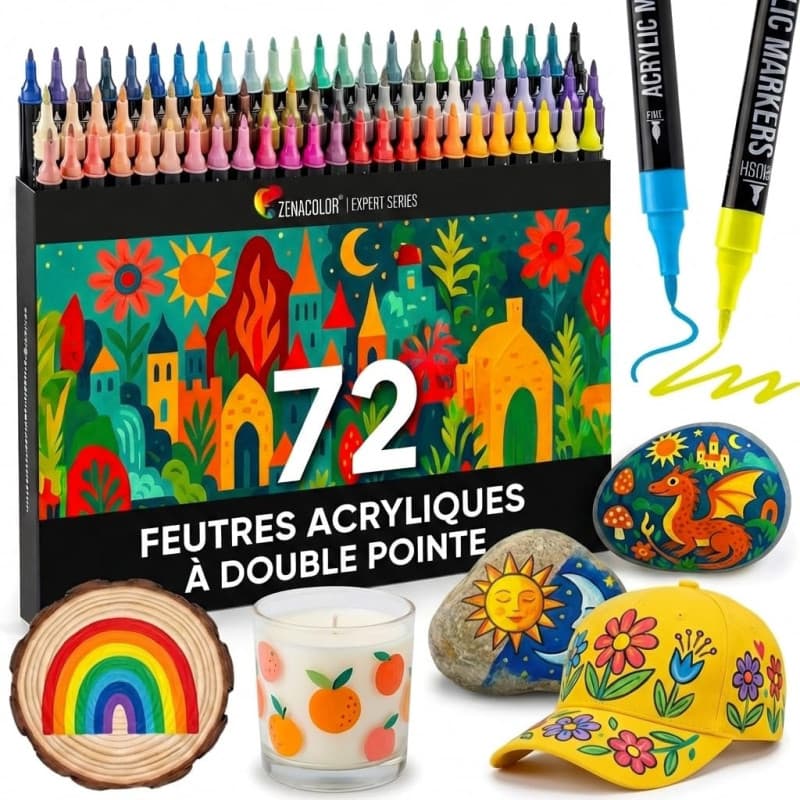Zenacolor - Feutre Acrylique 72 Couleurs - Double Pointe - Pinceau & Fine - Feutres pour Coloriage Adulte - Feutres Acrylique Id