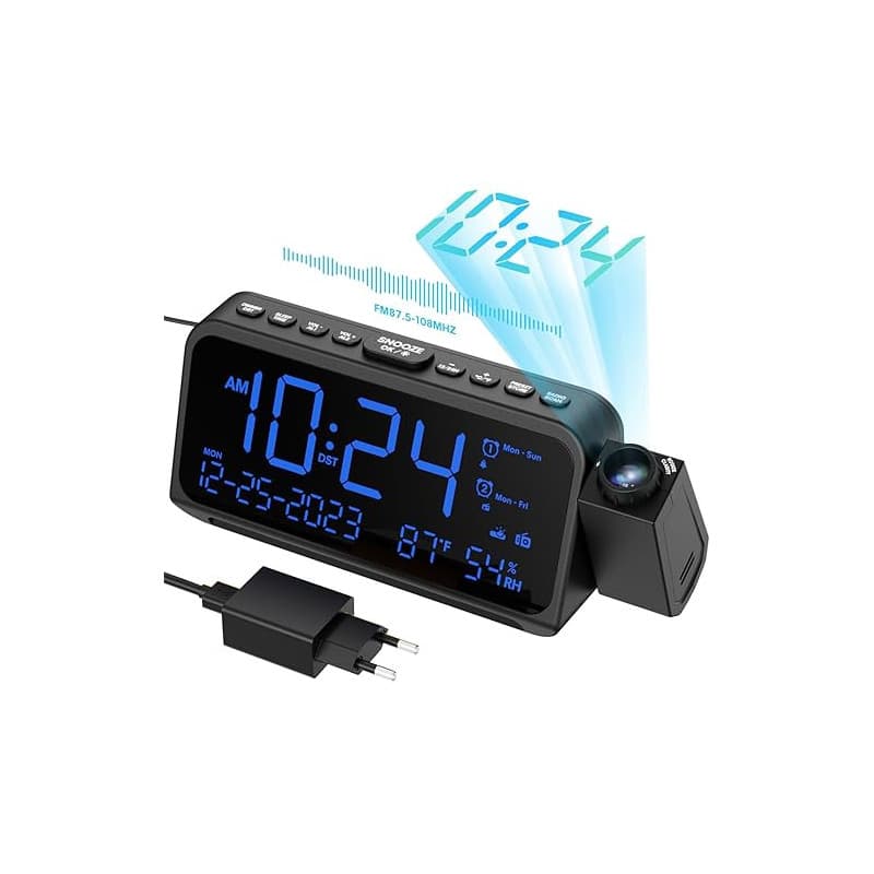 ROCAM Radio-Réveil Projection Plafond, Radio FM Numérique, Horloge Projecteur avec Charge USB & Type C, Réveil Limineux Enfant a