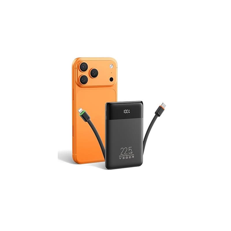 VEGER Batterie Externe 10000mah avec Câble Intégré, Power Bank 22.5W Charge Rapide Portable, Fin Compact Chargeur USB C avec écr