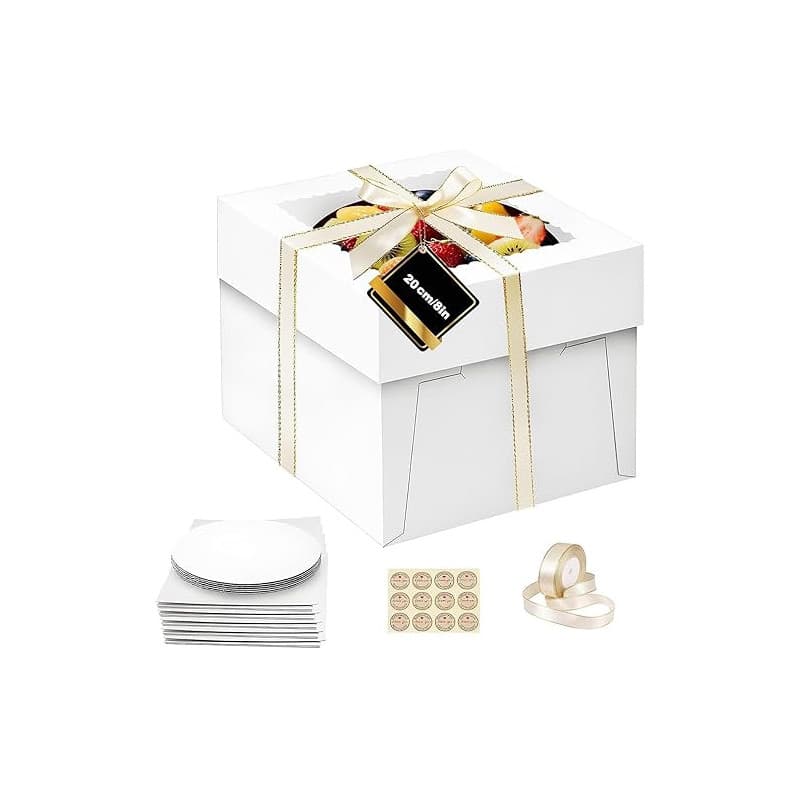 LYSHOOCE 5 Pièces Boîtes à Gâteau Transport avec Fenêtre - 20 x 20 x 20 cm - avec 5 Plateaux + Ruban + Autocollants - Pour Gatea
