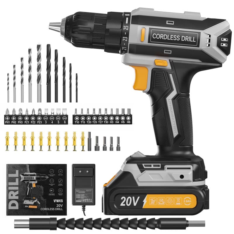 VIWKO Perceuse Visseuse Sans Fil, 20V Visseuse Devisseuse Sans Fil, 25+1 Réglages de Couple, Perceuse-visseuse Max 42Nm Visseuse