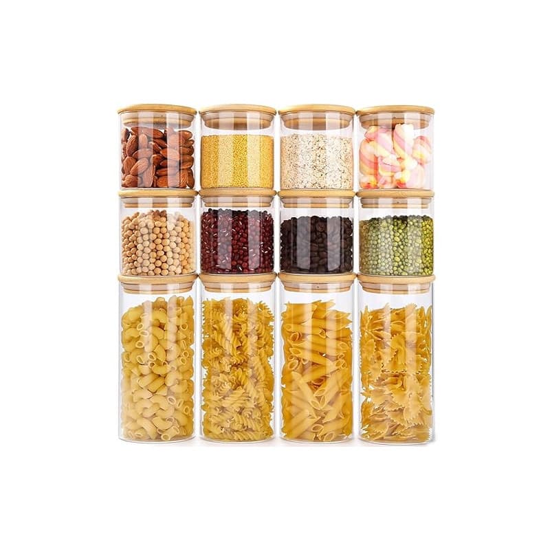 Otauoaea Lot de 12 Bocaux en Verre, 650ml/300ml - Pot en Verre avec Couvercle en Bambou - Pot de Rangement Cuisine - Bocal Hermé
