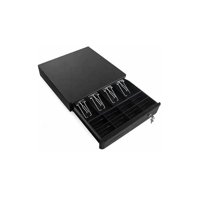 Tiroir-Caisse 40 cm pour Caisse Enregistreuse – 4 Compartiments Billets – 8 Compartiments Pièces – RJ11/RJ12 – Noir