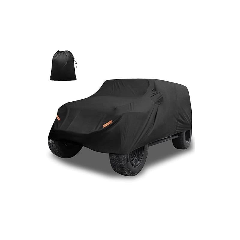 X AUTOHAUX Bâche Voiture Housse Protection Externe Imperméable Tous Météo 210D Oxford Tissu Noir pour Jeep Wrangler JK JL 4 Port