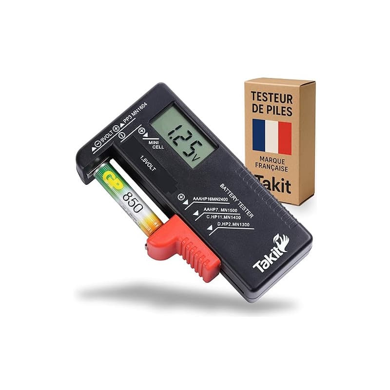 Takit Testeur de Piles numérique pour AA, AAA, C, D, PP3, 9V, 1.5V, Piles Bouton - Fonctionne sans Pile - Garantie 5 Ans - Marqu