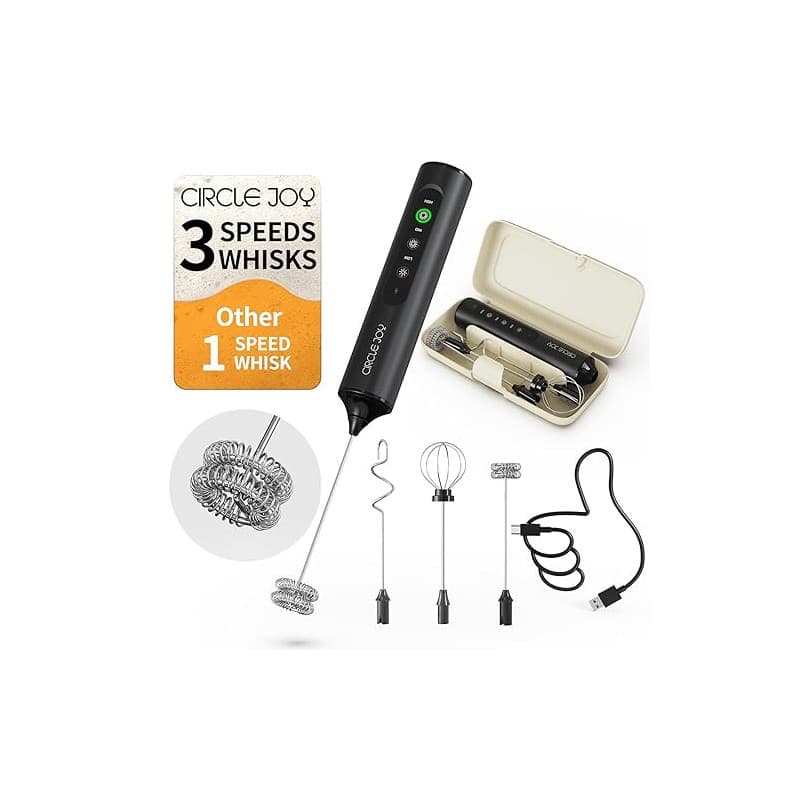CIRCLE JOY Mousseur à lait Portable Rechargeable avec 3 Vitesses Variables, 3 Fouets et Boîte de Rangement, Mélangeur Électrique