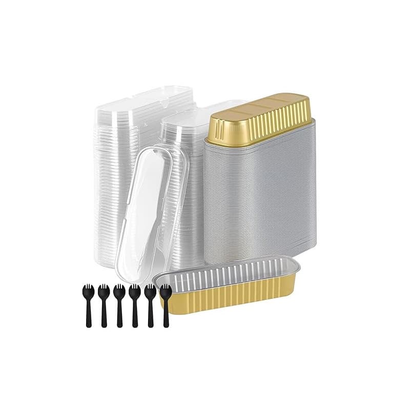 MUKSEUT Lot de 100 mini moules à pain rectangulaires en aluminium avec couvercles et cuillères pour mariage, anniversaire, pique