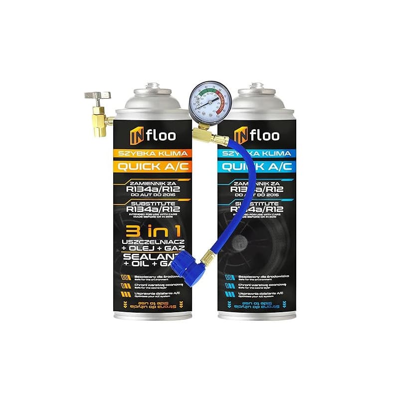 INfloo Quick A/C R134a 3-en-1 (Gaz + Huile + Scellant) + Gaz R134a + Tuyau avec Manomètre + Gants | Entretien Climatisation Voit