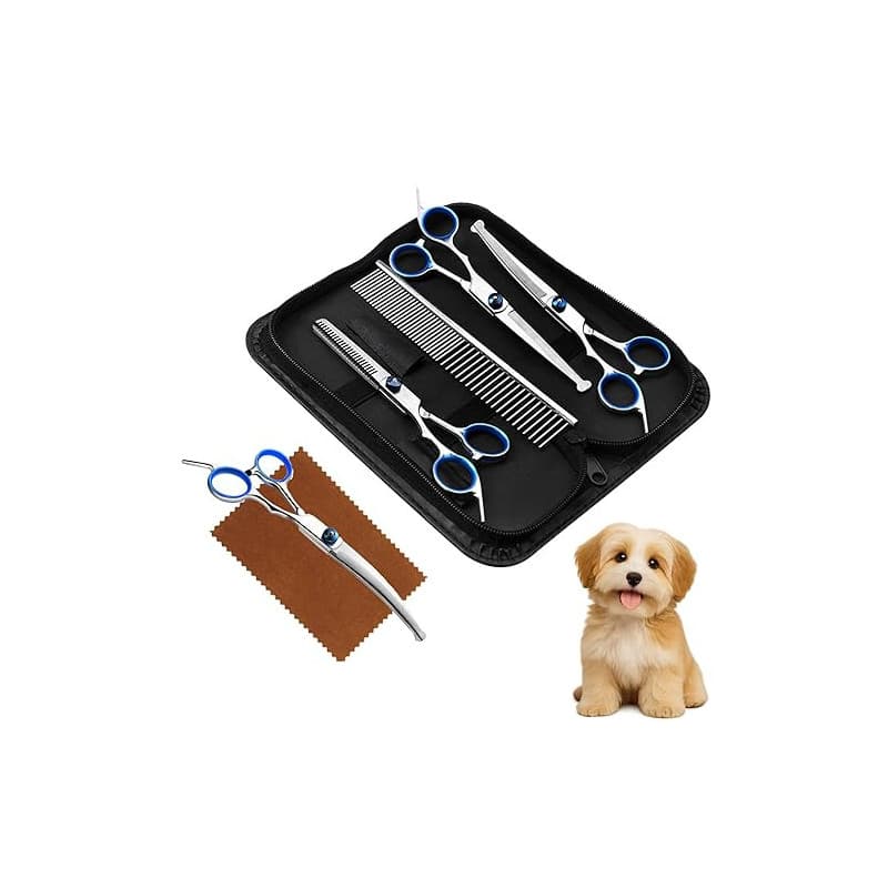 Menibeuty Ciseaux Toilettage Chien Kit, Ciseauxs de Toilettage pour Chiens, Embouts de Sécurité Ronds y Compris Ciseaux à Effile