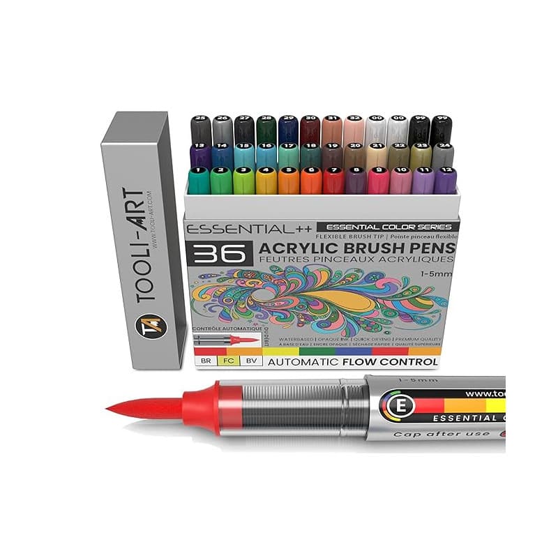 36 Stylos de Peinture Acrylique à Pointe Flexible avec Couleurs Essentielles - Contrôle Automatique du Flux 1-5mm pour Peinture