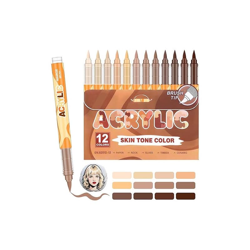 12 Feutre Acrylique Brush Marker – Set de 12 Marqueurs de Peinture Acrylique Skin Tone Color Series , Pointe Brush 0.5~5MM Pince