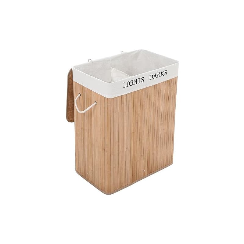 SONGMICS Panier à Linge 100L, Corbeille Linge Sale 2 Compartiments, Couvercle en Bambou, Poignées, Pliable, avec Sac Amovible et