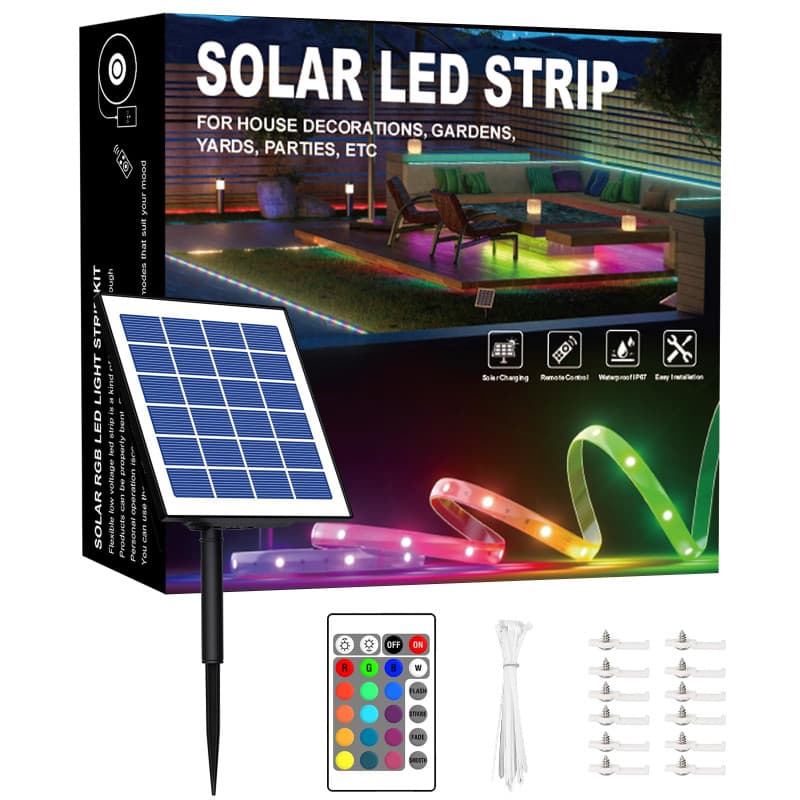 Bande lumineuse LED RVB solaire de 15 m de long avec dos autocollant avec fonction marche/arrêt automatique - Livré avec télécom