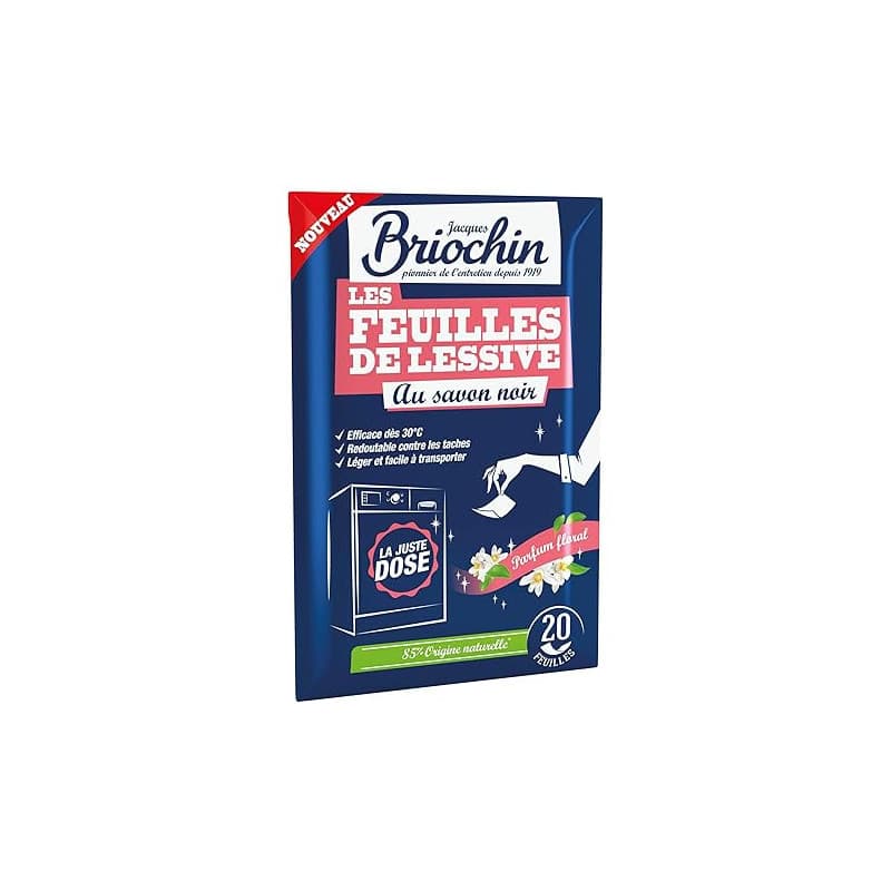 JACQUES BRIOCHIN – 20 Feuilles de Lessive Redoutables dès 30°C – Lavage Impeccable dès la 1re Utilisation – Savon Noir – Tous Te