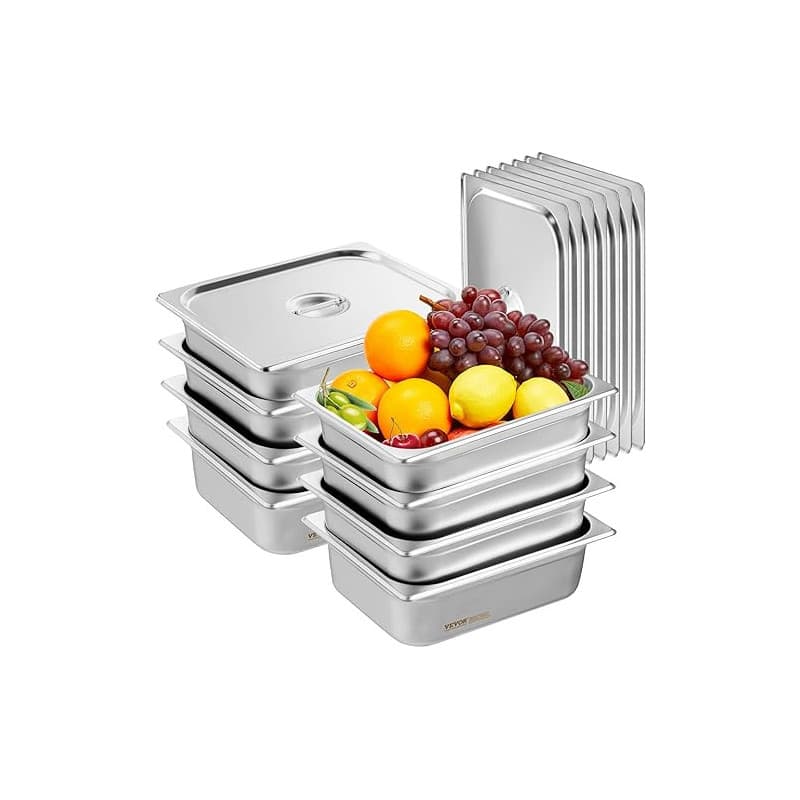 VEVOR Bac Gastronorme GN 1/2 Lot de 8, Récipient Inox pour Bain-marie 0,8 mm d'Épaisseur, Bac Inox Alimentaire avec Couvercle 10