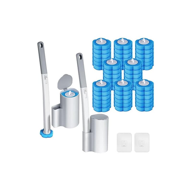 ANOMM Kit de Brosse WC avec 48 Recharges et 2 Support, Manche Allongé, Brosse Toilette WC Jetable Murale, pour Cuvette, Salle de