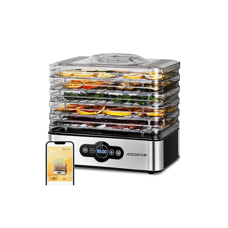 Aigostar Deshydrateur Alimentaire avec 5 Plateaux, Déshydrateur sans BPA, Minuterie 99h et Température 35-75 °C, Écran LED, 240W