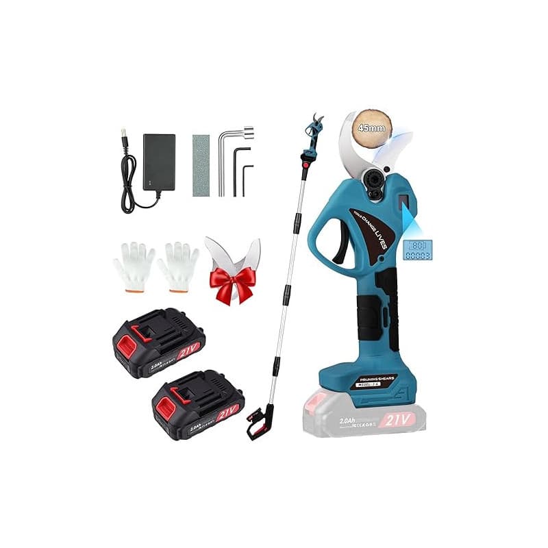 Secateur Telescopique Electrique: 45mm Sécateur électrique avec 2 batteries 21 V/2000 mAh - sécateur à batterie avec perche avec