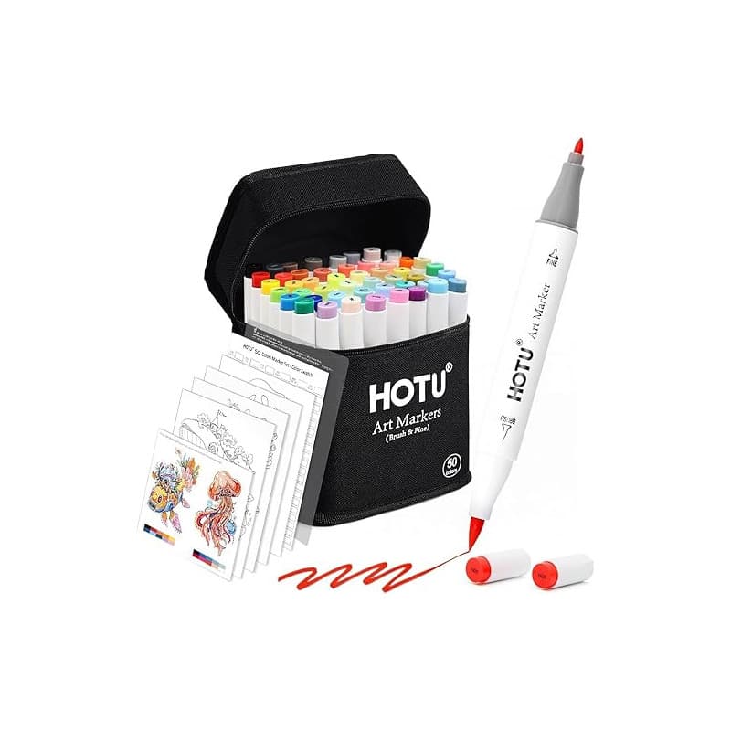 HOTU 50 Couleurs Feutres à Alcool, Marqueurs Double Pointe Pinceau (Brush) & Fine, Set Professionnel pour Coloriage Adulte et Ma