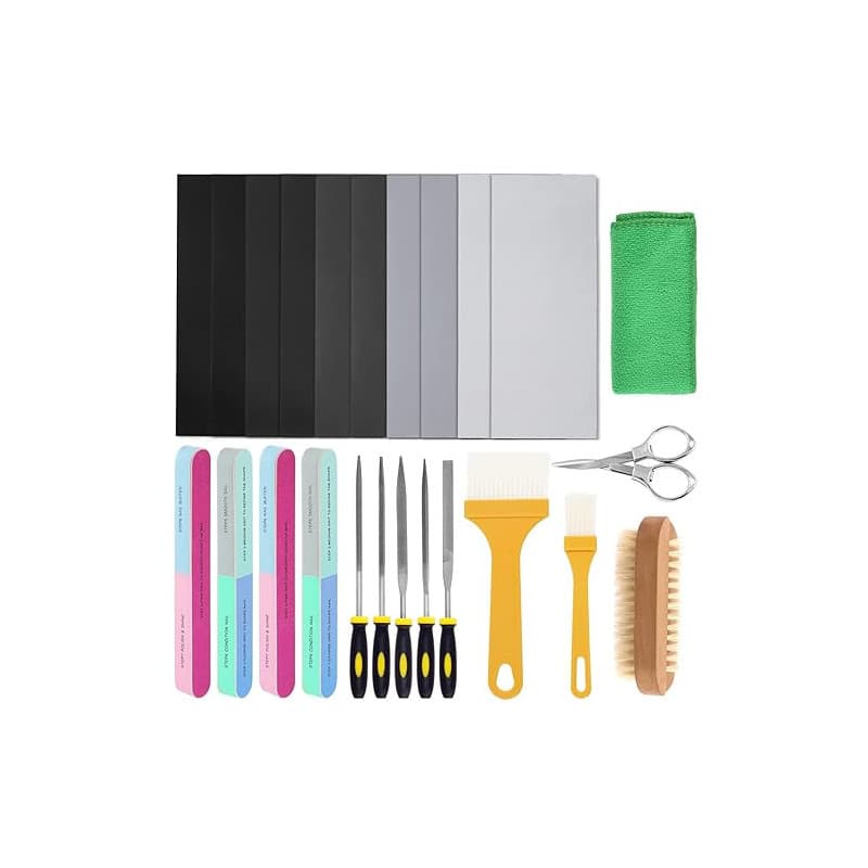 Swpeet Assortiment de 26 pièces de papier abrasif, lime en résine, blocs de polissage, ciseaux, brosse de nettoyage en bois pour