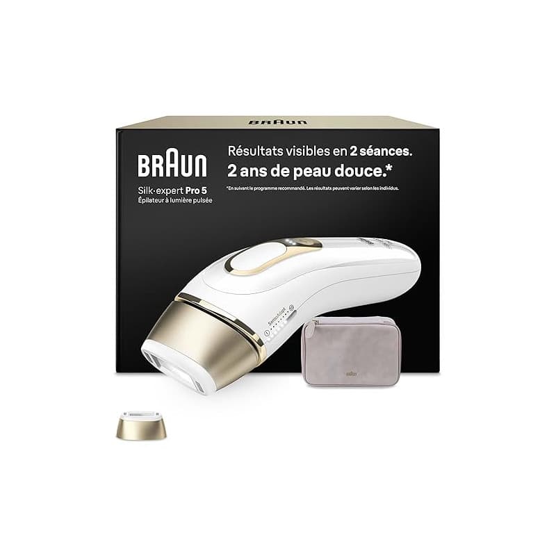 Braun Epilateur Lumiere Pulsee Silk·expert Pro 5 PL5100, Blanc et Or – Alternative au Laser à Domicile, Filaire, avec Pochette,