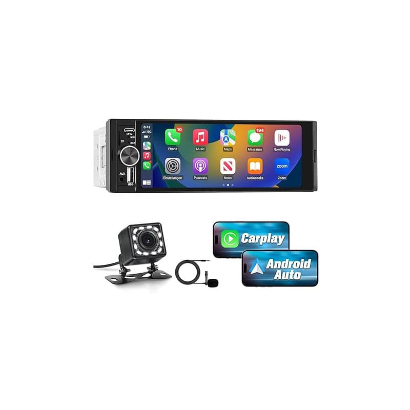 Autoradio 1 DIN CarPlay et Android Auto avec 6.36‘’ Écran Tactile HD/Bluetooth 5.0/Caméra de Recul Inclus/FM USB Type C/GPS/Airp