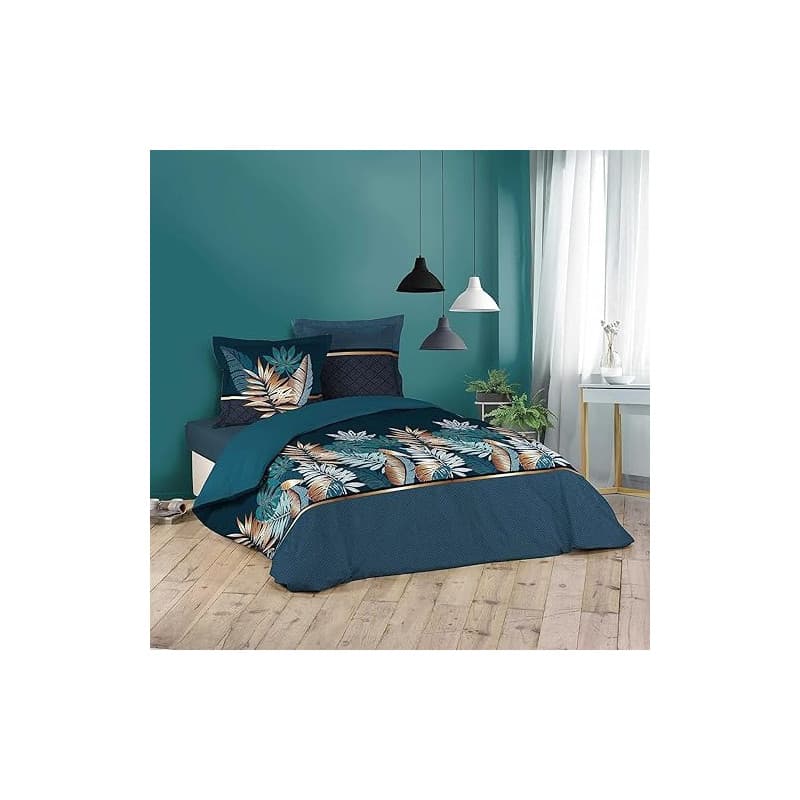 Douceur d'Intérieur, Parure de Lit 3 Pièces (240 x 220 cm) Alianor Bleu, 100% Coton