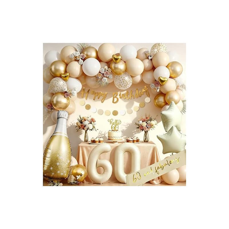 Anniversaire 60 ans Homme Femme, 60 ans Deco, Ballon 60 Anniversaire de Fête en Beige Or pour Garcon Fille Arche Ballon 60 Décor