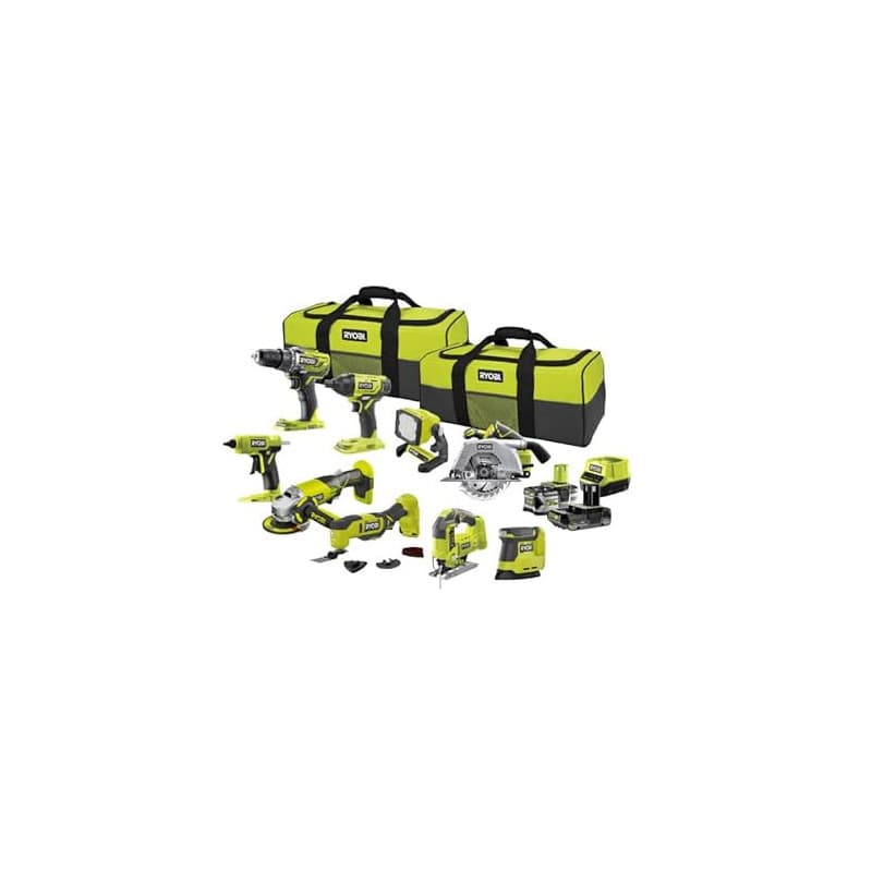 Pack RYOBI Combo 9 outils: perceuse-visseuse, visseuse à chocs, scie sauteuse, scie circulaire, meuleuse, ponceuse, outil multif