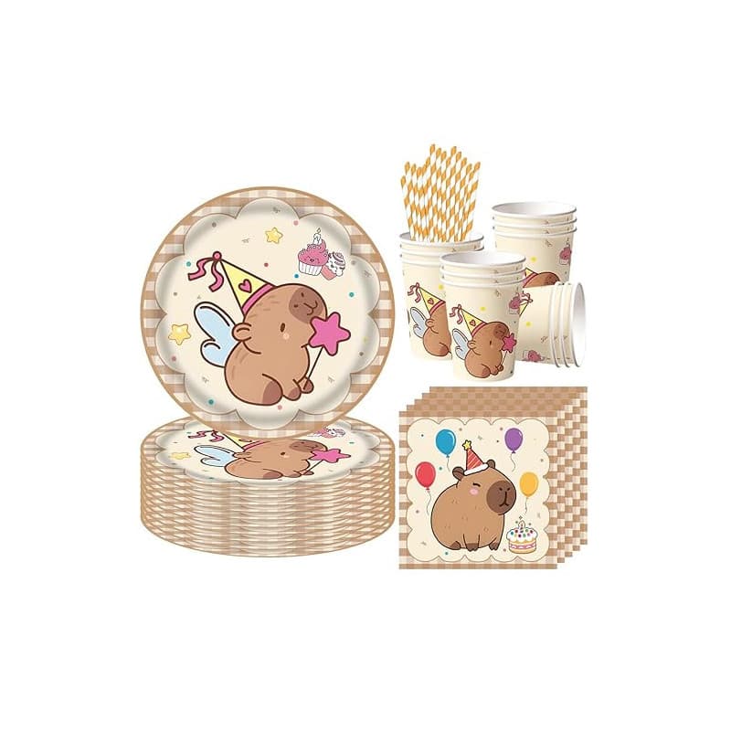 68 Pièce Assortiments Capybara Vaisselle de Fete, Vaisselle Anniversaire Capybara, Decoration Anniversaire Enfant Assiette Tasse