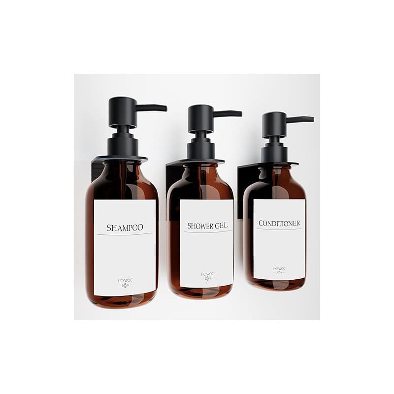 Lot de 3 Distributeur Savon Montage Mural, Distributeur de shampooing et d'après-shampoing avec 16 étiquettes imperméables, sans