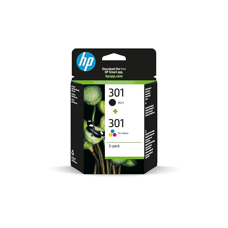 HP 301, Pack de 2 cartouches d'Encre Originales, N9J72AE, Noir, Jaune, Cyan, Magenta, HP DeskJet 1000/ 1050A / 1500/ 2000 / 2050
