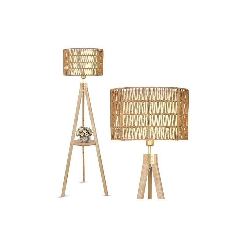 Rayofly Lampadaire Salon, Lampadaire en Bois avec Etagère, Lampe sur Pied Vintage avec Abat-jour en Rotin & Lin, Lampe sur Pied