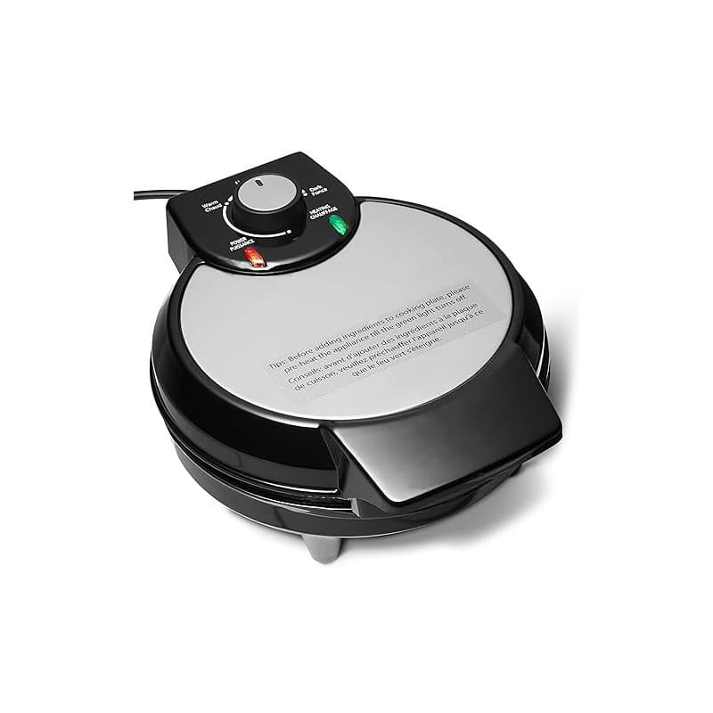 Amazon Basics Gaufrier pour Gaufres Belges avec Plaque Antiadhésive Ronde en Céramique de 20cm, Contrôle de la Dorure, Noir