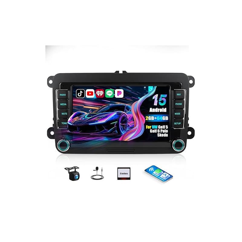 CAMECHO 2+64G Android 15 Carplay Autoradio pour VW Golf 5 6 Skoda Passat Polo Tiguan Seat Skoda, sans Fil Carplay & Android Auto