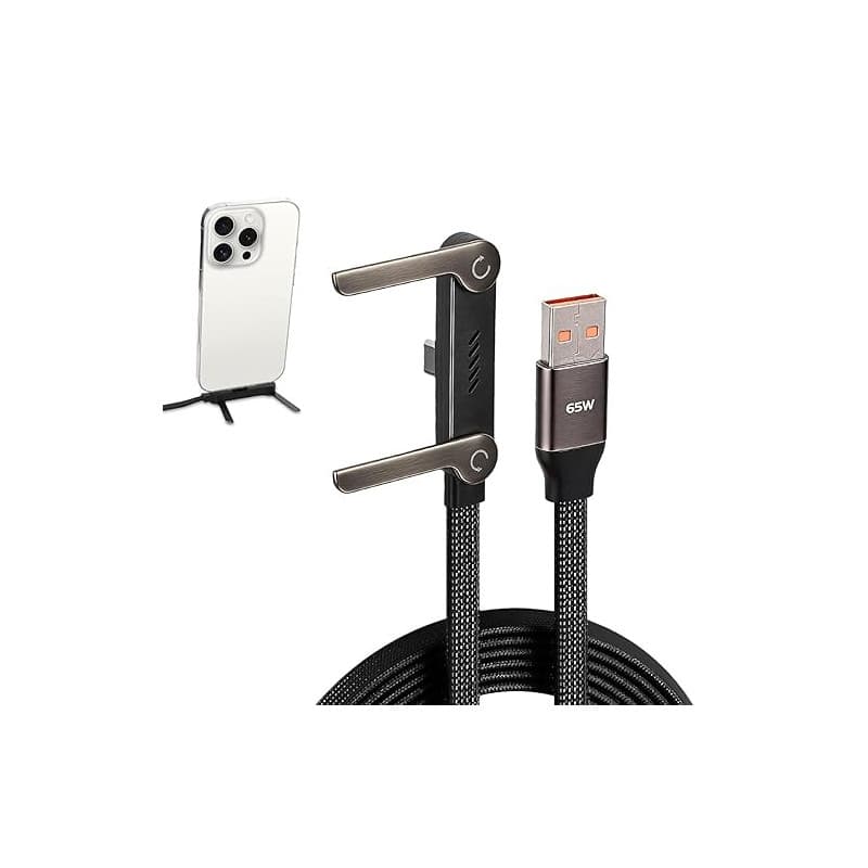 XAVURO Câble Chargeur USB-A vers Type-C 65W avec Support Invisible, Cordon de Charge Rapide Plat et Tressé 1.5M, Accessoire Télé