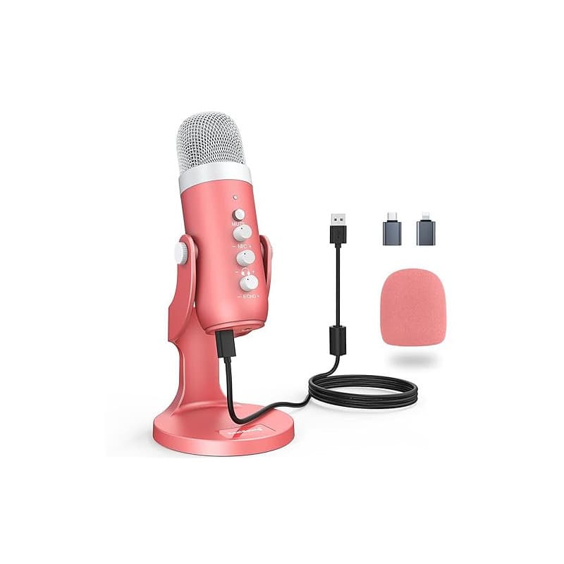 zealsound Micro USB, k66 Pink Microphone à condensateur Cardioïde pour PC Smartphone Ordinateur, avec Bouton muet/Gain, pour Enr