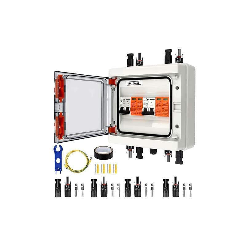Boîtier de Jonction Photovoltaïque avec Parasurtenseur et Disjoncteur DC 1000V 40A IP65 2Entrées / 2Sorties – Protection Contre