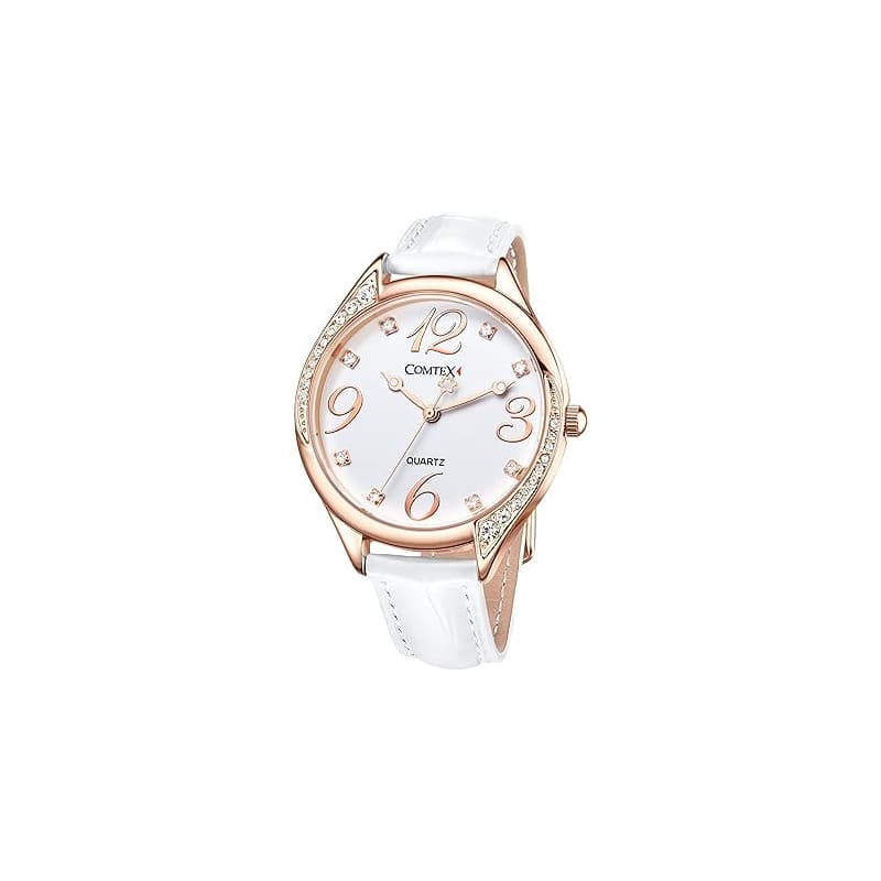 COMTEX Montre pour femme avec grand cadran blanc et strass et bracelet en cuir blanc (or rose)