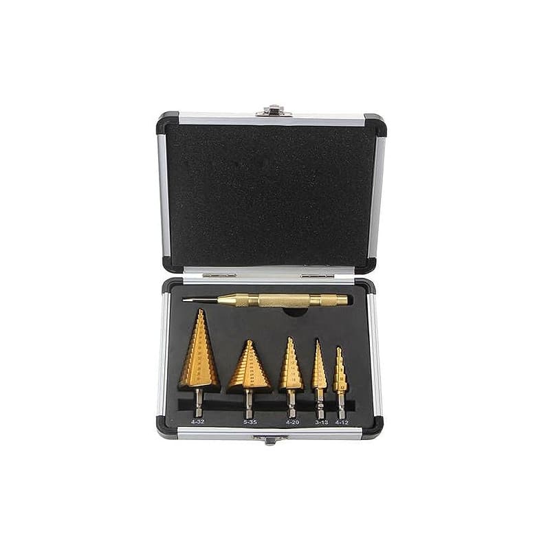 6PCS Foret Étagé Métal, Fraise Metal, 5 HSS Foret Conique + 1 Poinçon Central Automatique, pour Métal/Bois/Plastique