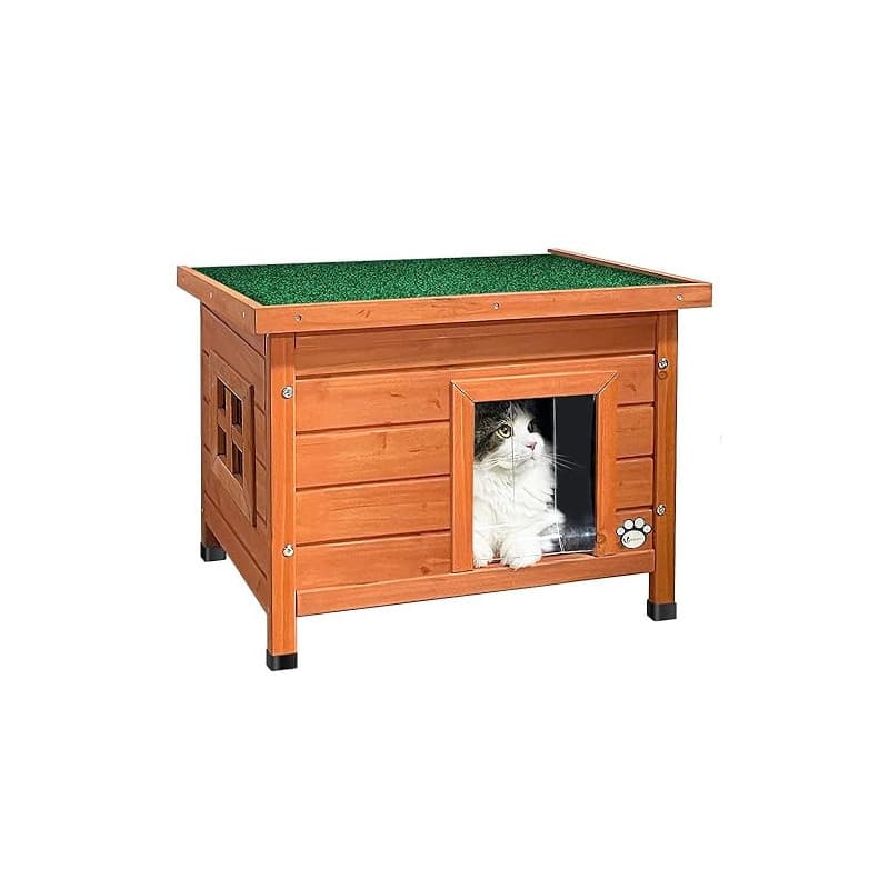 VOUNOT® Maison de Chat en Bois avec Toit Bitumé et Fenêtre Plexiglas Maison de Toilette pour Chat Meuble de Bac avec Porte Niche
